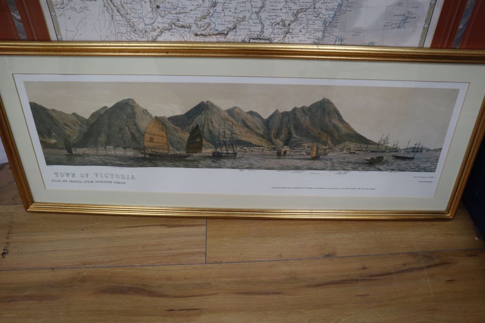 After Day & Son, pair of colour prints, View of Hong Kong and the Town of Victoria, overall 23 x 78cm and a map of China